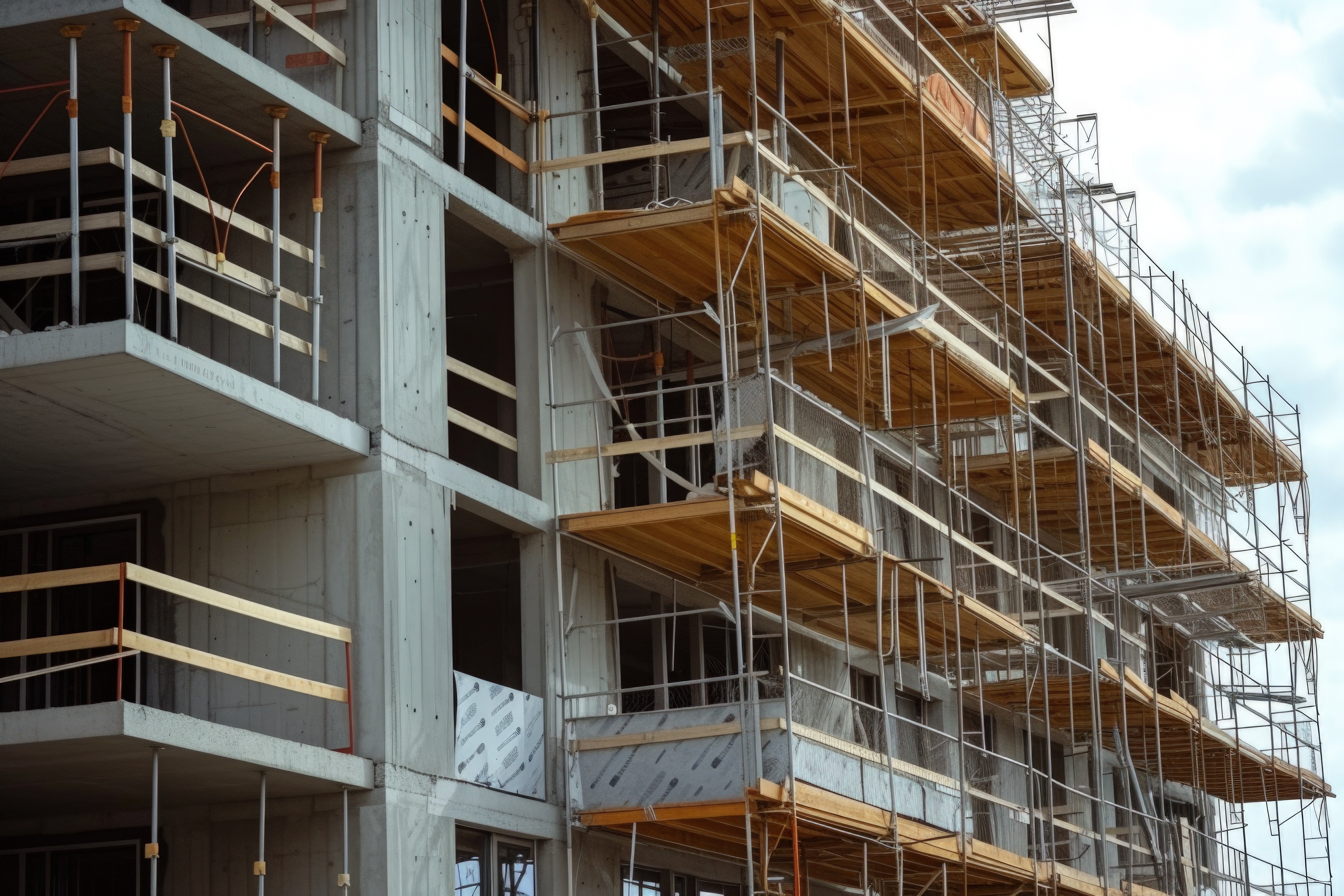 Trabajador de construcción sobre andamio certificado en una obra en Cali